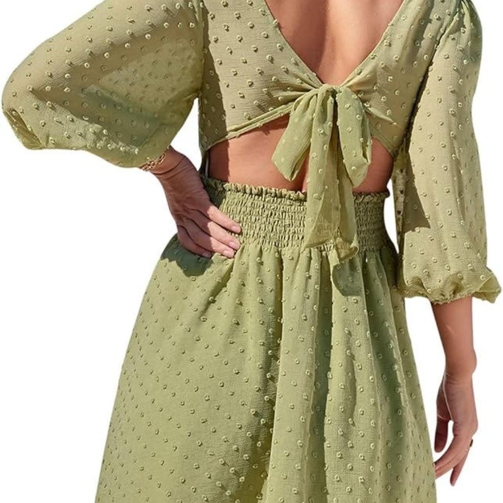 EXLURA Women‘s Tie Back Square Neck Dress Puff Elbow (S) 1NWT-0003 - Picture 2 of 13